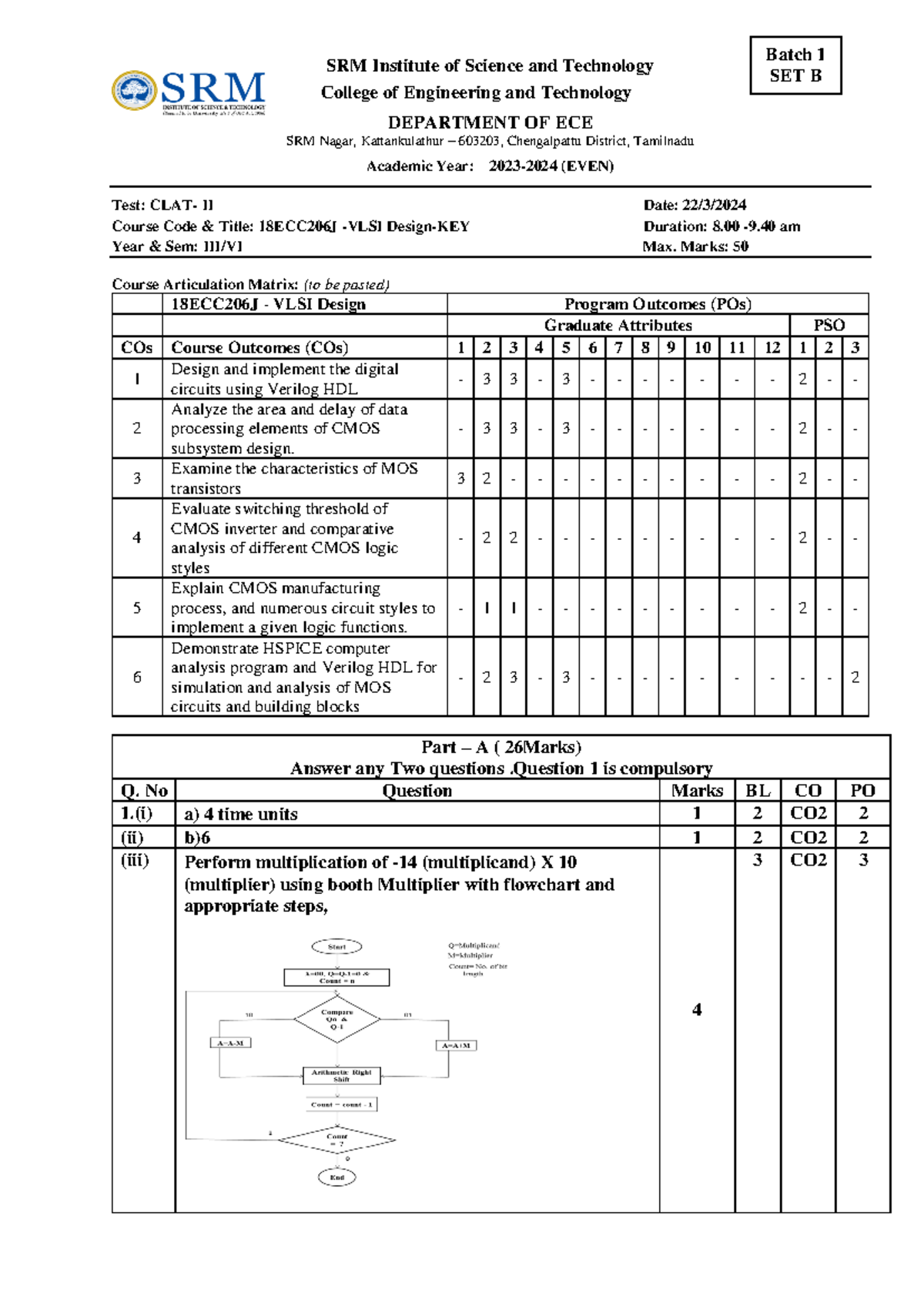 VLSI CT2 2023-2024 set B batch 1 answer key - SRM Institute of Science ...
