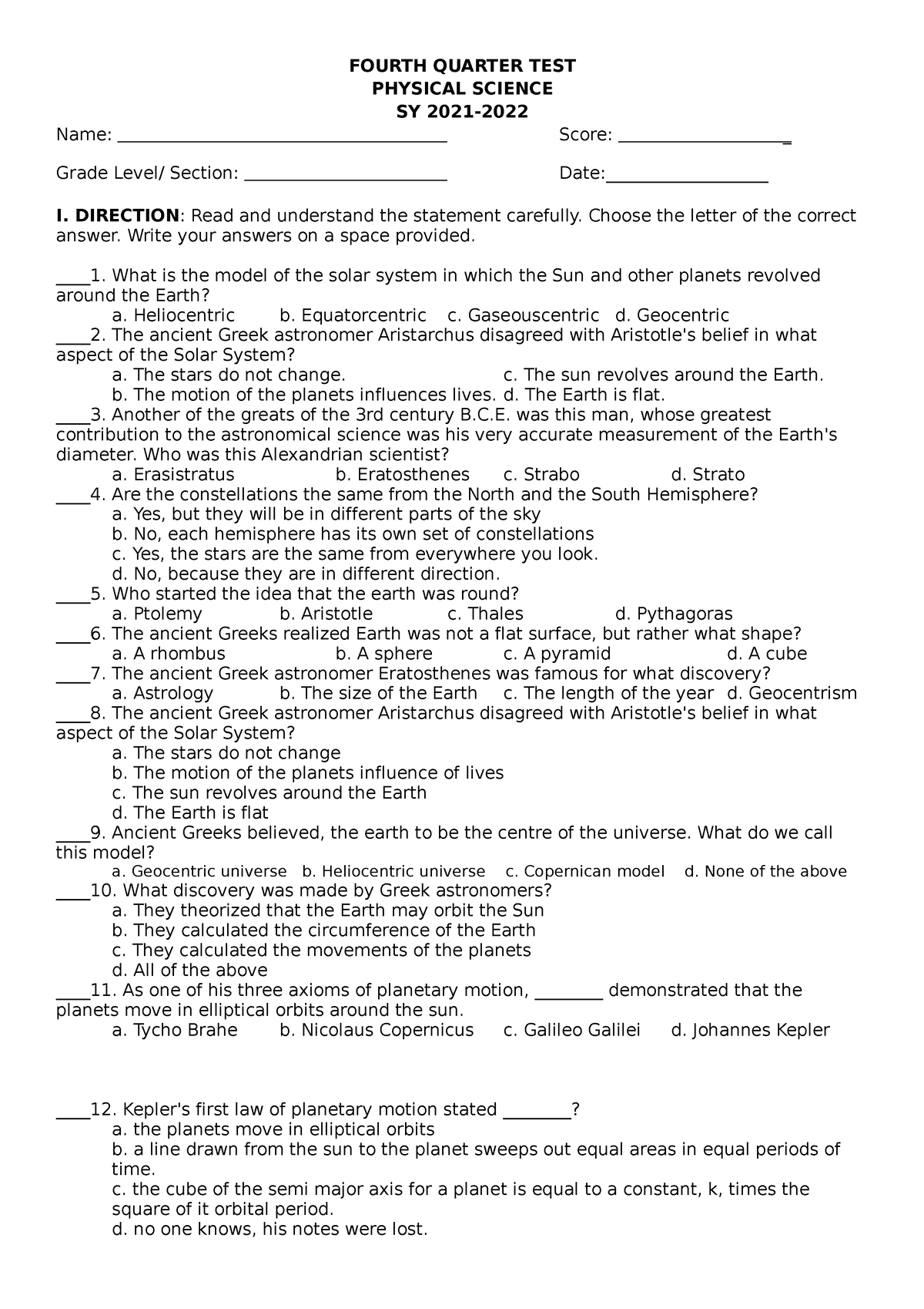 Physical Science 11 - FOURTH QUARTER TEST PHYSICAL SCIENCE SY 2021 ...