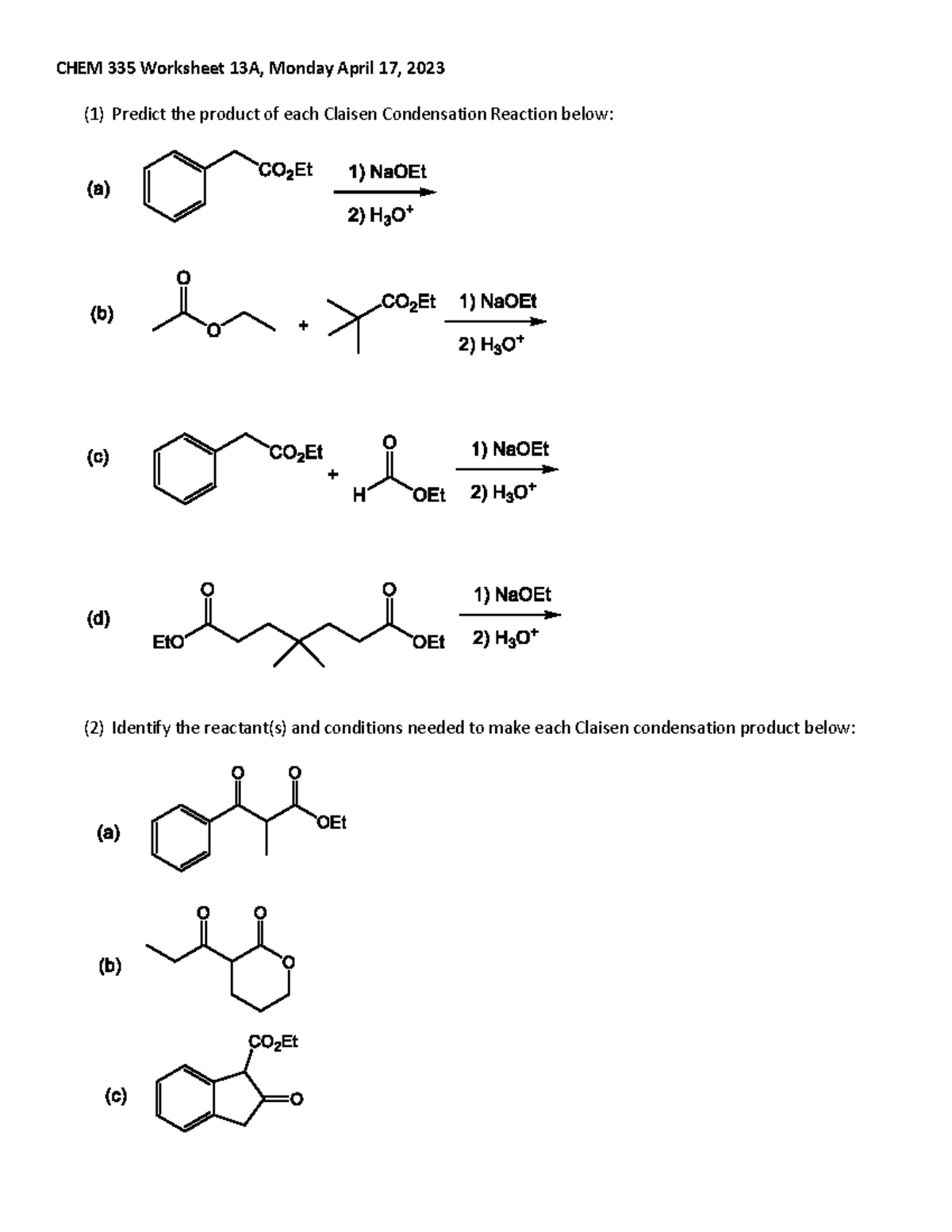 Benson Exam 4 - Worksheets done in class and practice exams - CHEM 335 ...