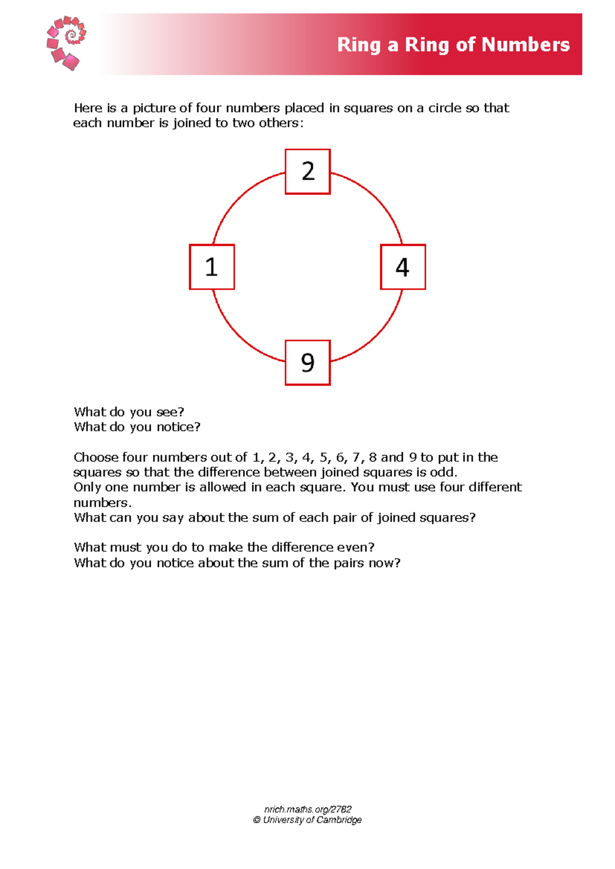 Ring A Ring Of Numbers Printable Sheet - Nrich.maths  2782 © University 