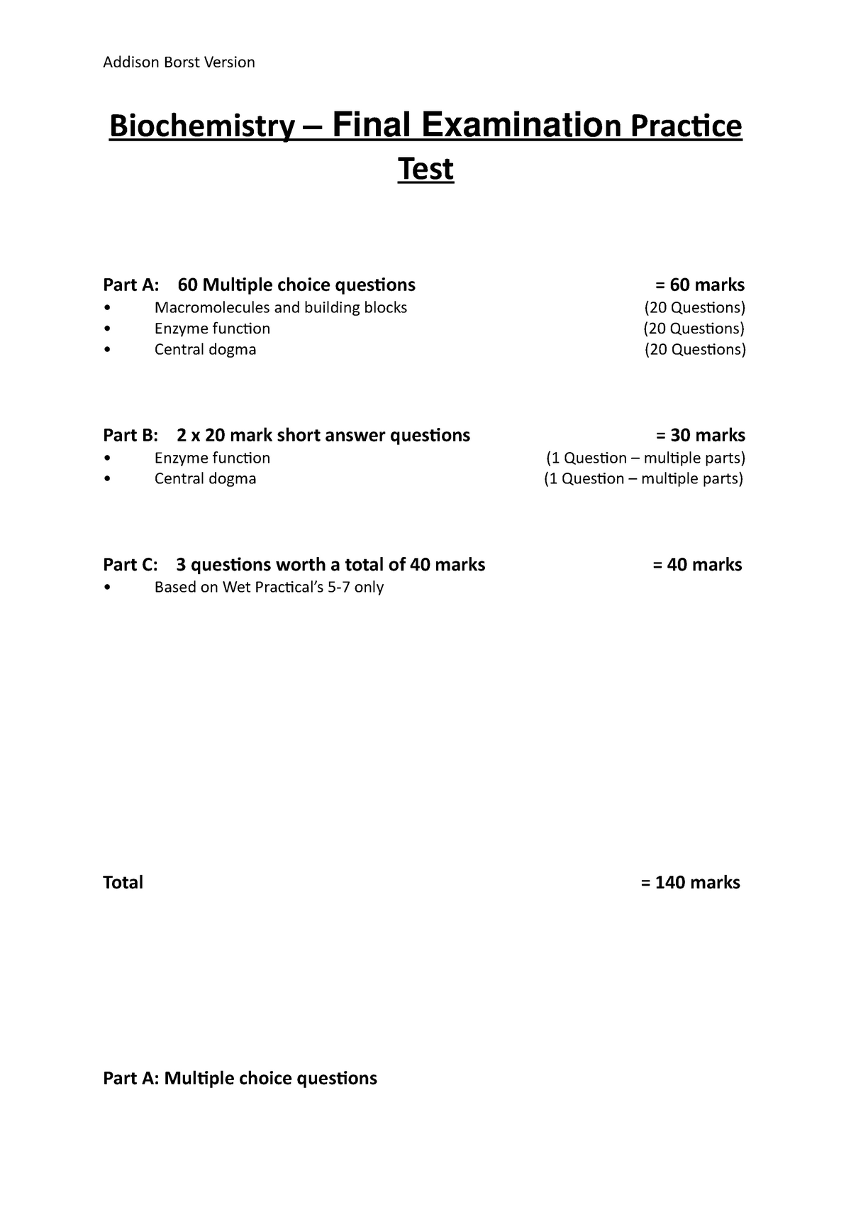 Biochemistry Final Examination Practice Test exam Biochemistry