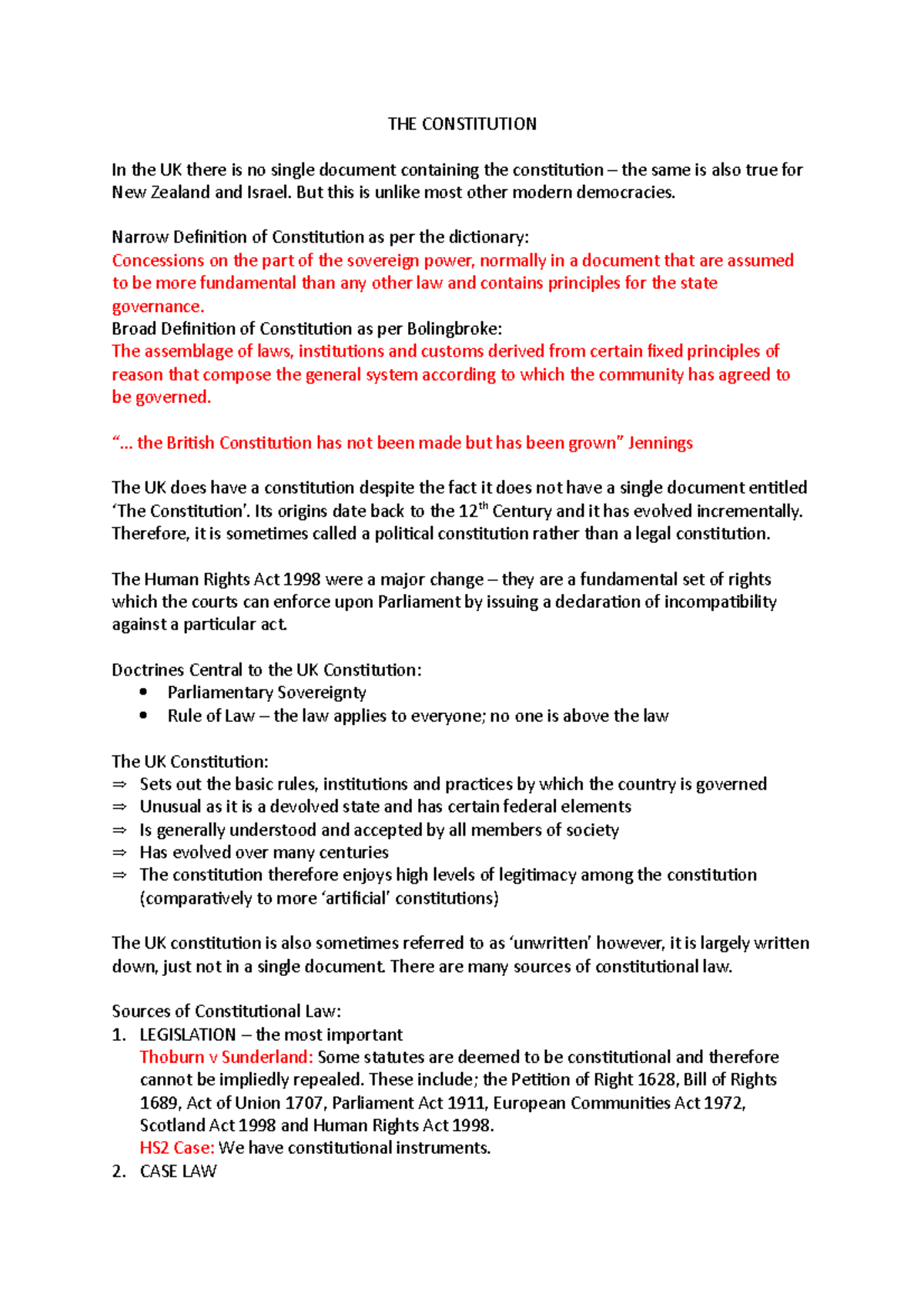 Public Law Revision Notes - THE CONSTITUTION In the UK there is no ...