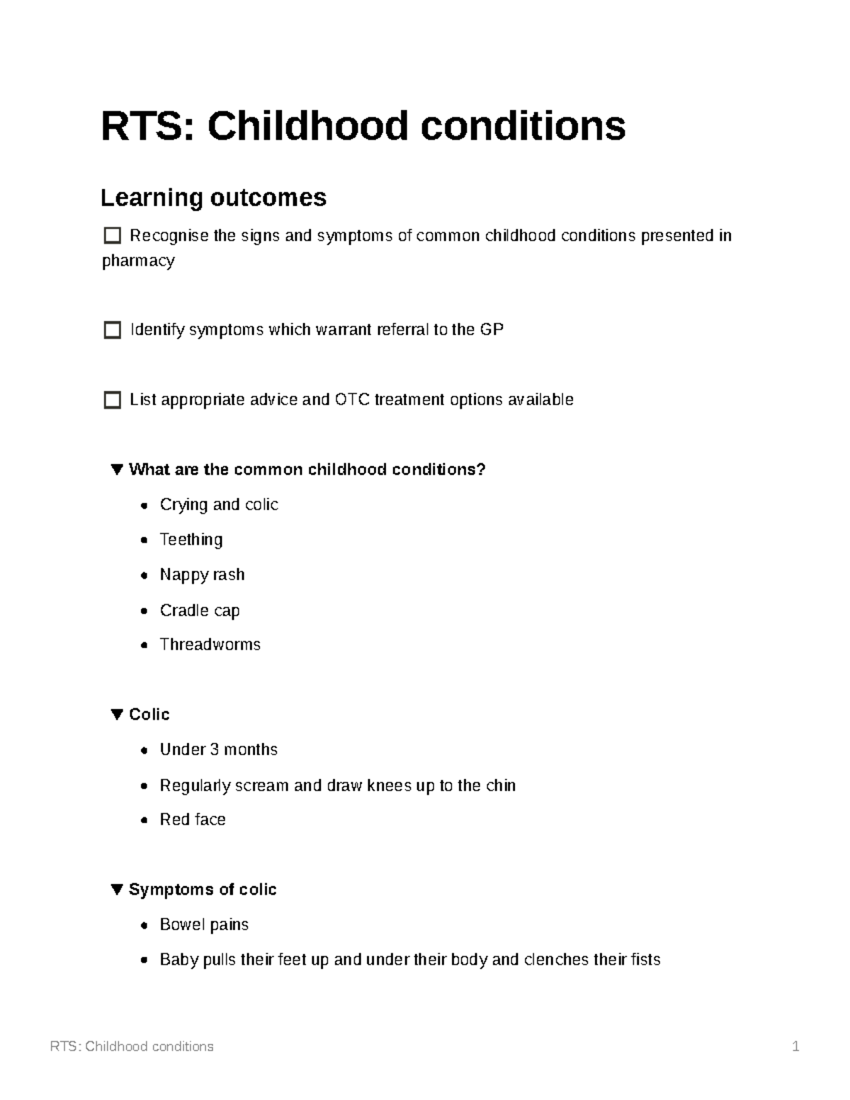 RTS Childhood conditions - RTS: Childhood conditions Learning outcomes ...