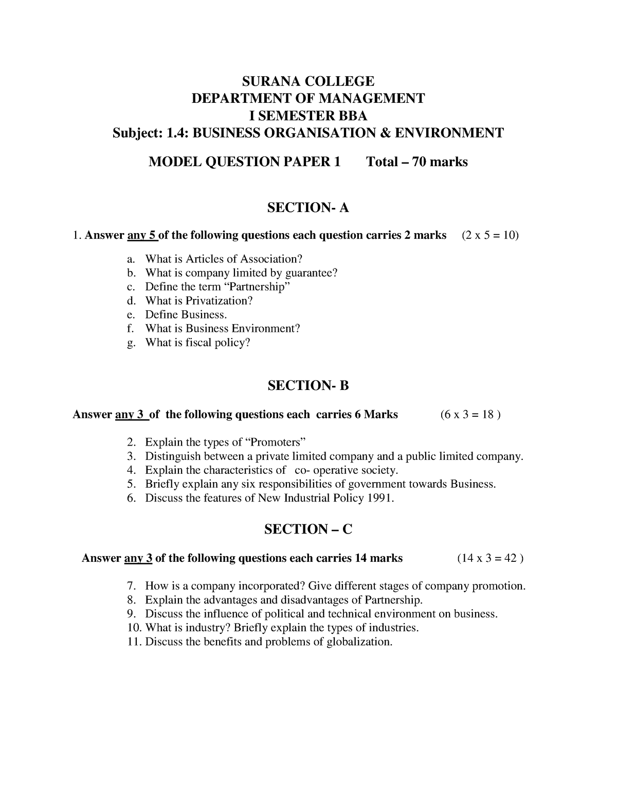 Model Question Papers- I SEM BOE - SURANA COLLEGE DEPARTMENT OF ...