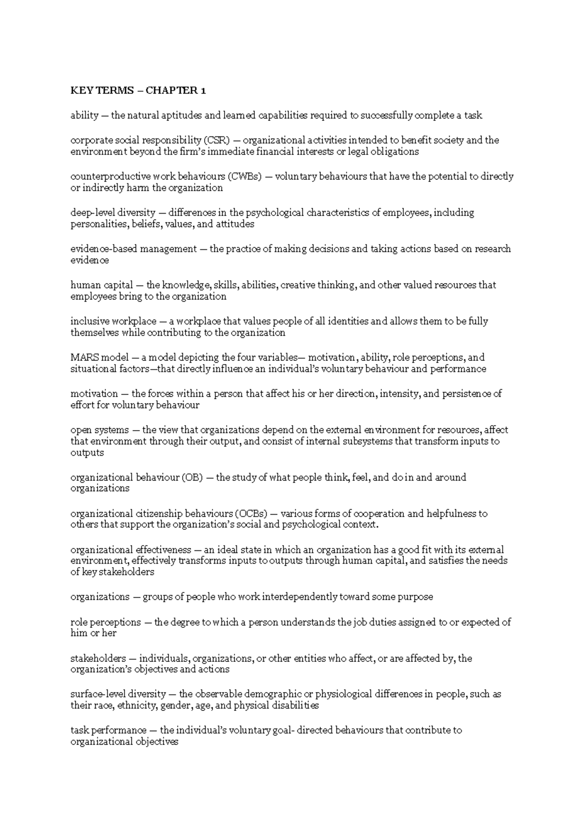 Ch 1 Key terms - notes - KEY TERMS – CHAPTER 1 ability — the natural ...