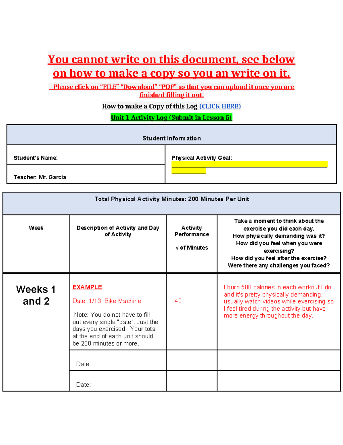 Copy of 12 Week Activity Log Example Updated - You cannot write on this ...