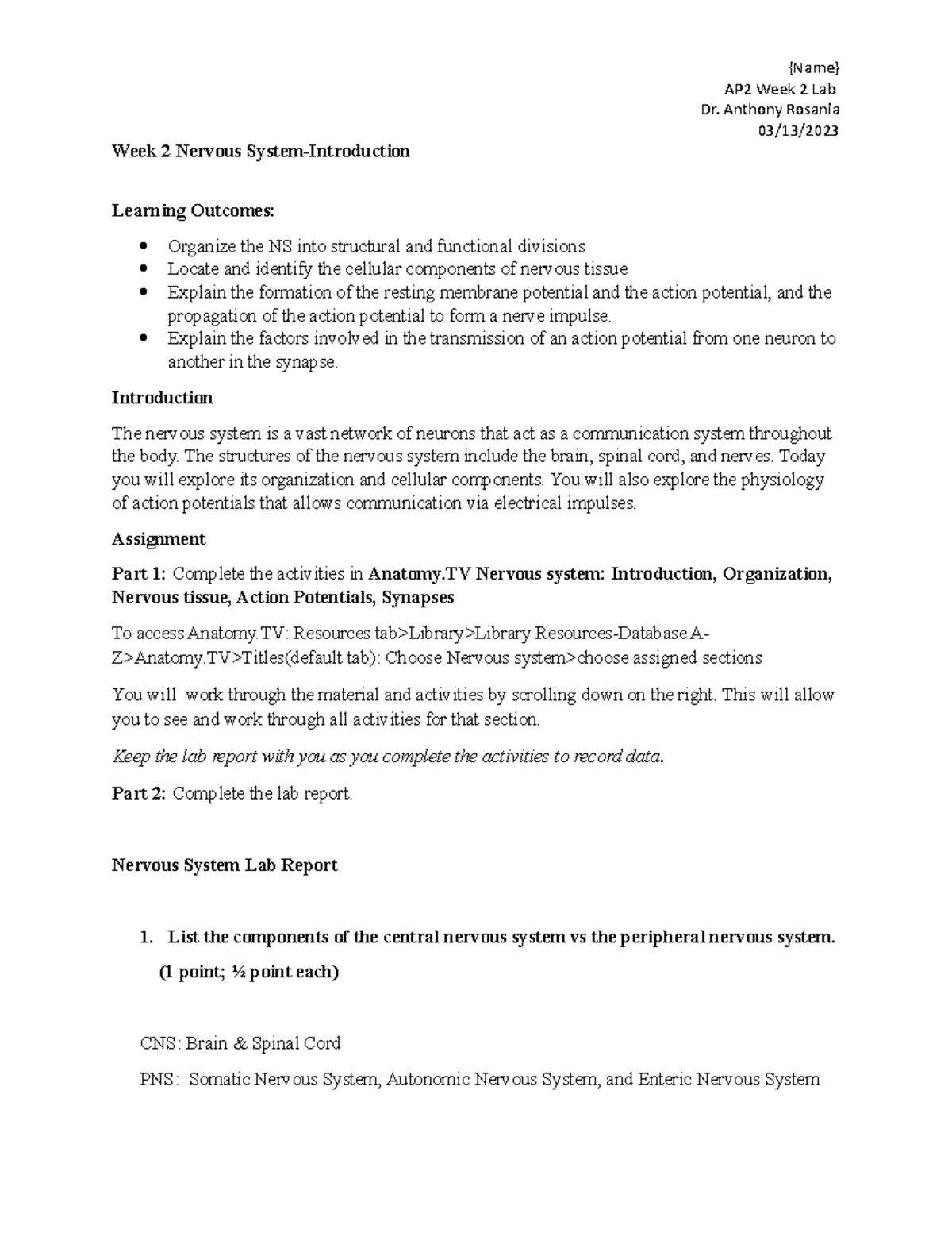 BIOS252 Wk2 Lab Document - AP2 Week 2 Lab Dr. Anthony Rosania 03/13 ...