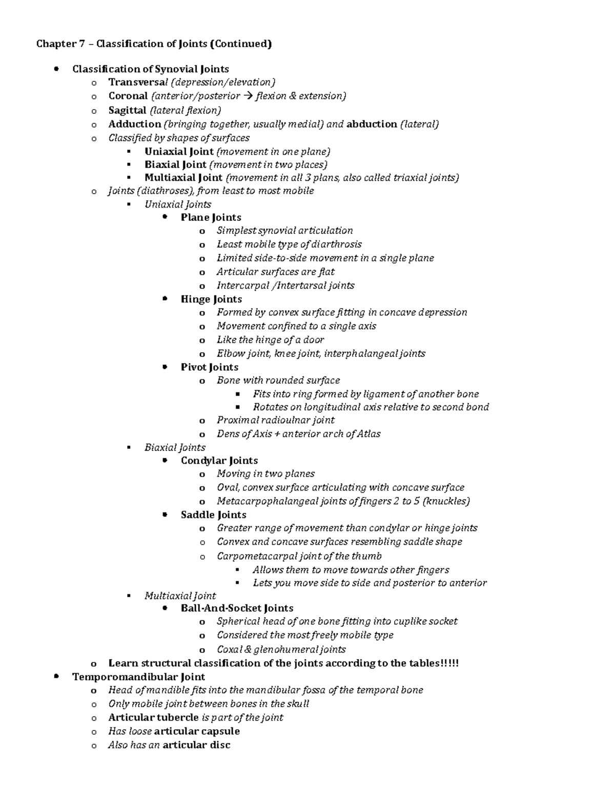 Lecture 7 Ex - Biol Stuff - Chapter 7 – Classification of Joints ...