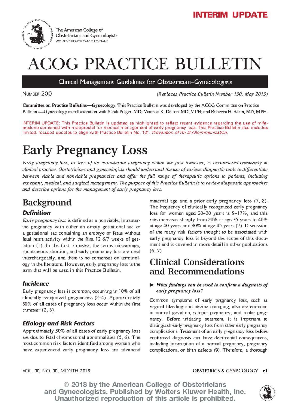 ACOG Gestacion NO Evolutiva - INTERIM UPDATE ACOG PRACTICE BULLETIN ...