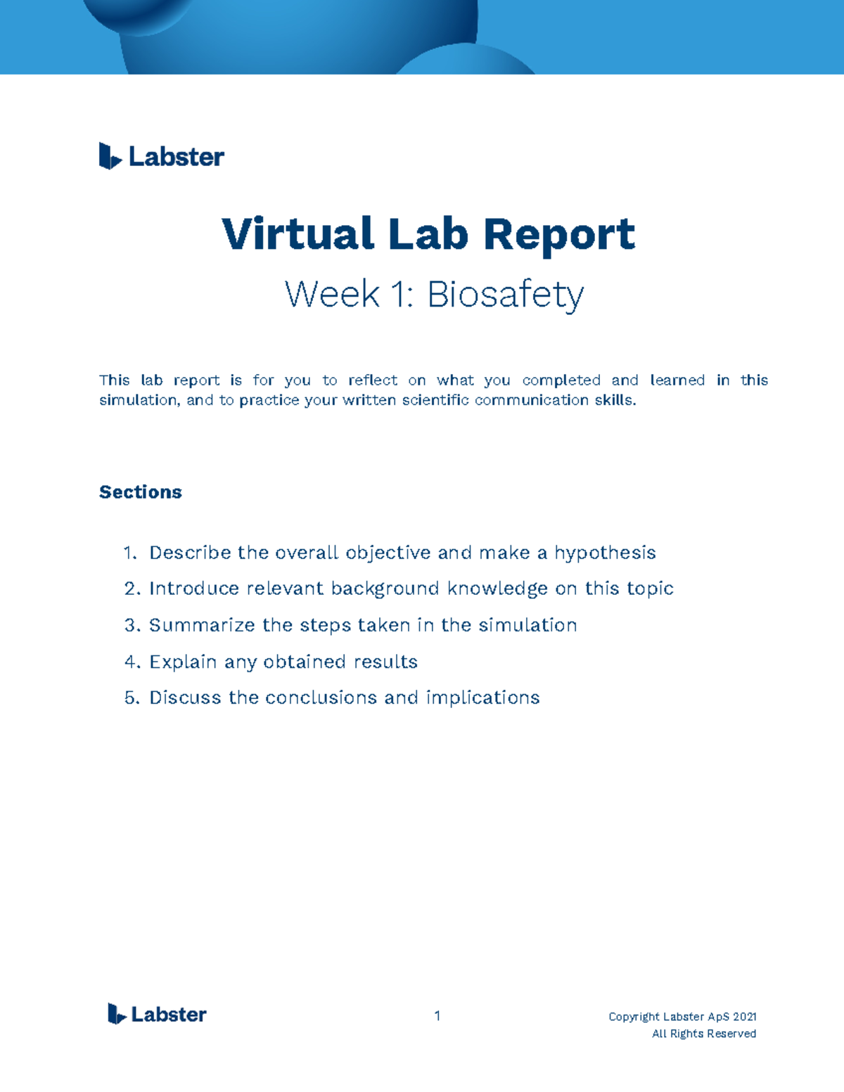 Biosafety Lab Report - Virtual Lab Report Week 1: Biosafety This lab ...