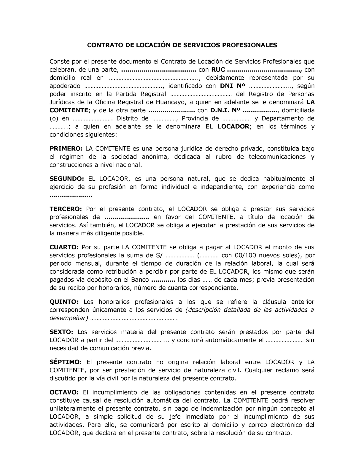 Modelo De Contrato De Locación Contrato De LocaciÓn De Servicios Profesionales Conste Por El 4478