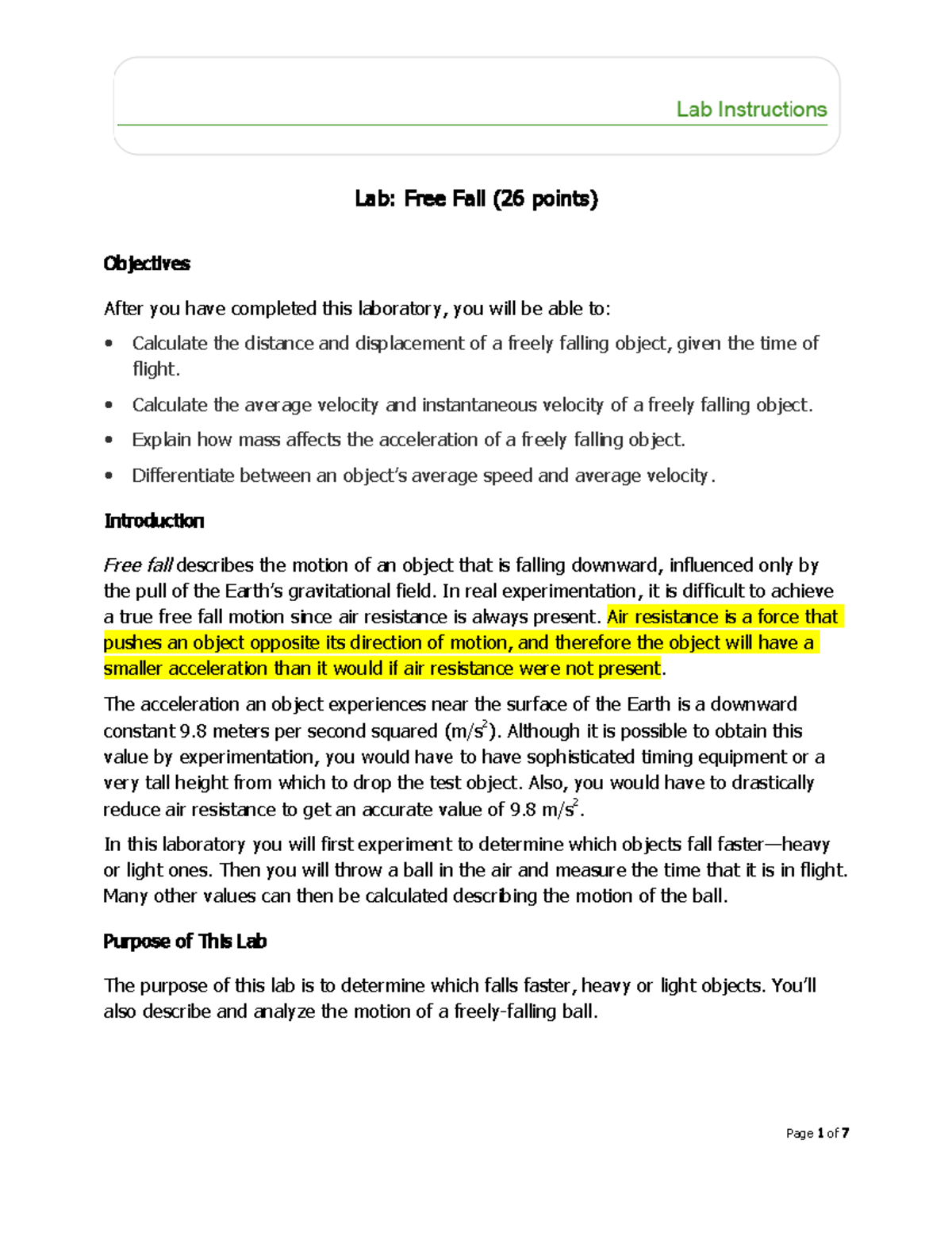 Lab Free Fall Physics 1 Lab Fr Ee Fall 26 Points Ob Jectives 