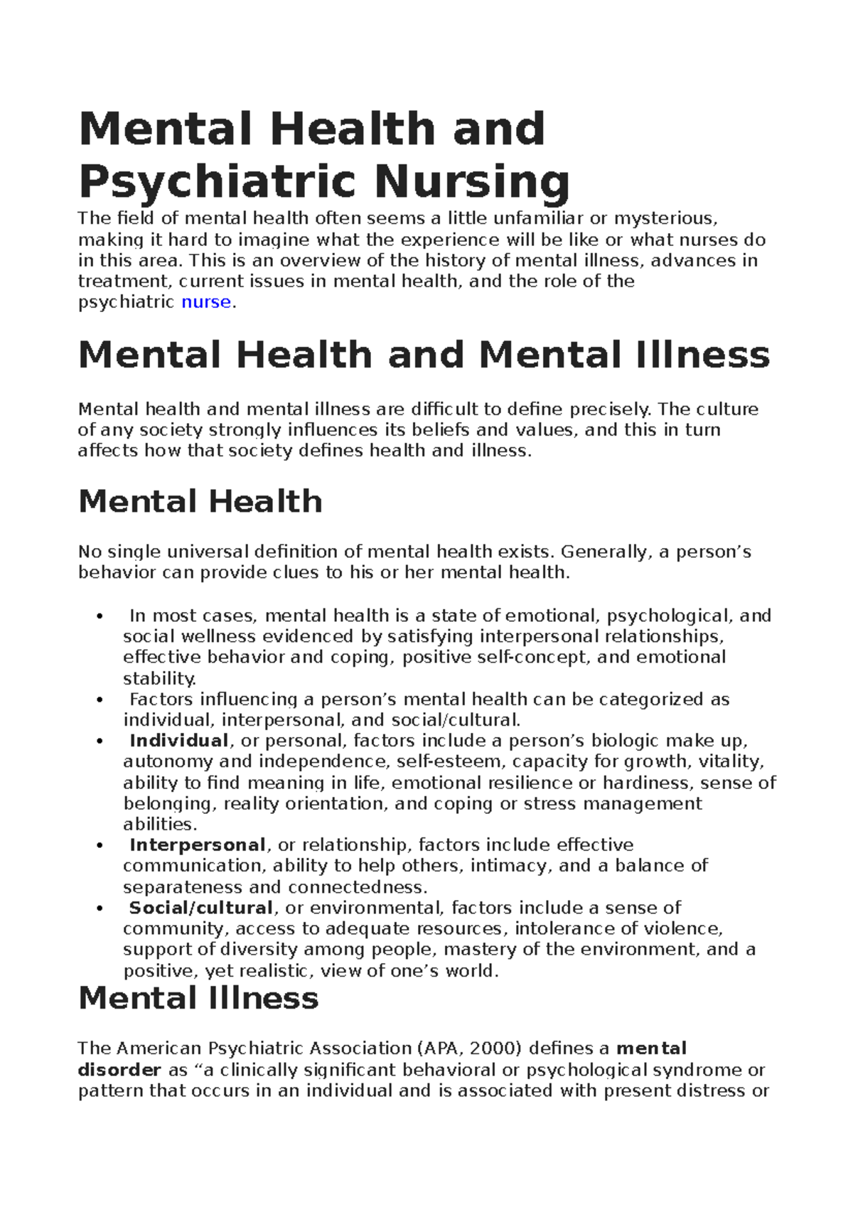 Mental Health And Psychiatric Nursing Mental Health And Psychiatric