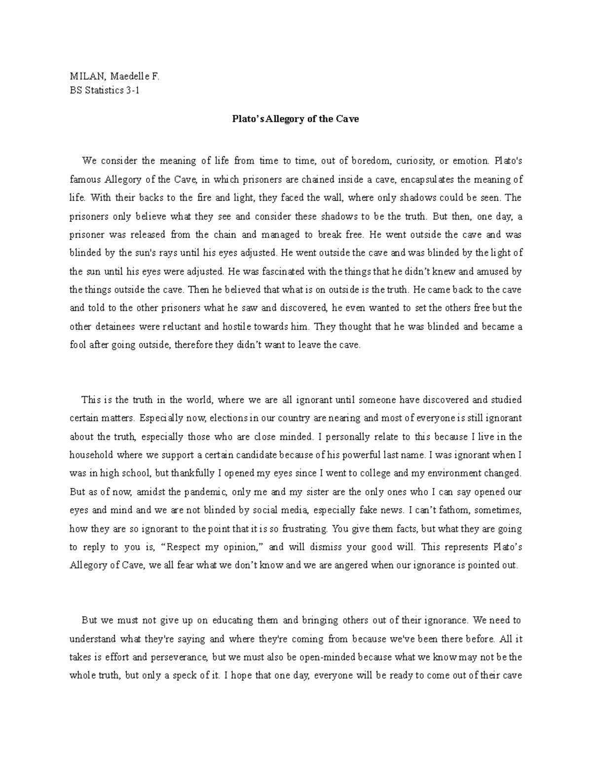 Plato's allegory of the cave reflection - MILAN, Maedelle F. BS ...