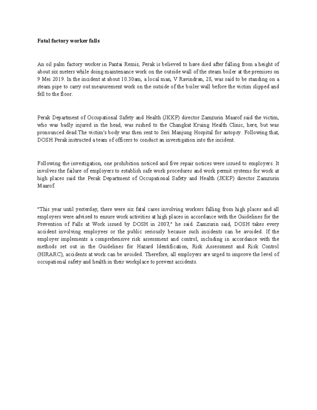 osha related case summary - Fatal factory worker falls An oil palm ...