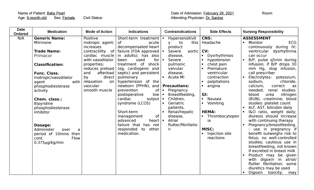 Drug Study Notes - Name of Patient: Baby Pearl Date of Admission ...