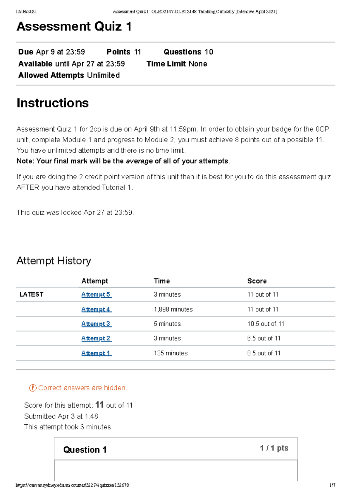 Assessment Quiz 1 OLEO2147-OLET2148 Thinking Critically - Assessment ...