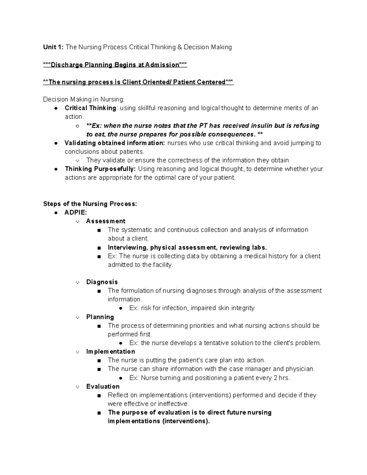 Fundamentals Test # 1 - Unit 1: The Nursing Process Critical Thinking ...