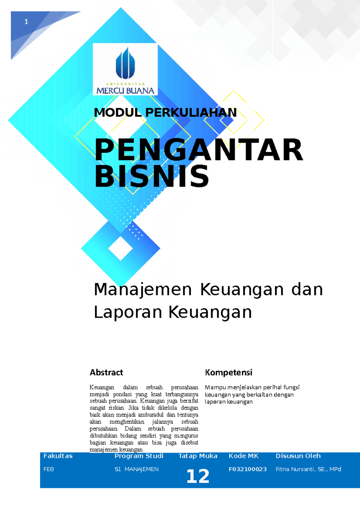 Modul Penbis Mgt Fitria Tm Modul Perkuliahan Pengantar Bisnis Manajemen Keuangan Dan