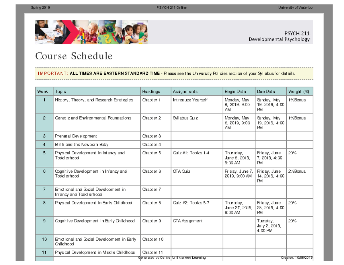 Psych 211-course schedule - Course Schedule IMPORTANT: ALL TIMES ARE ...