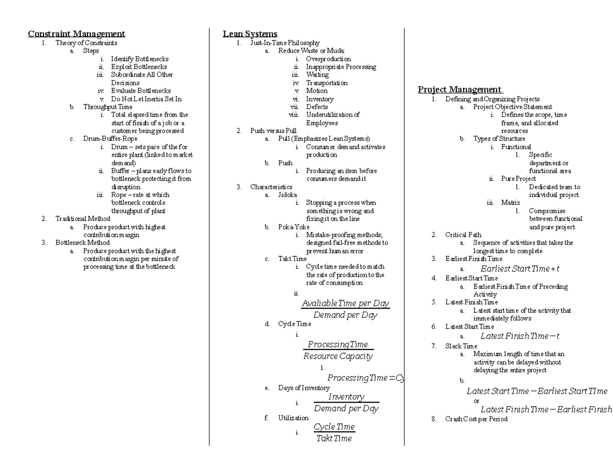 Operations Final - Lecture notes All - Constraint Management 1. 2. 3 ...