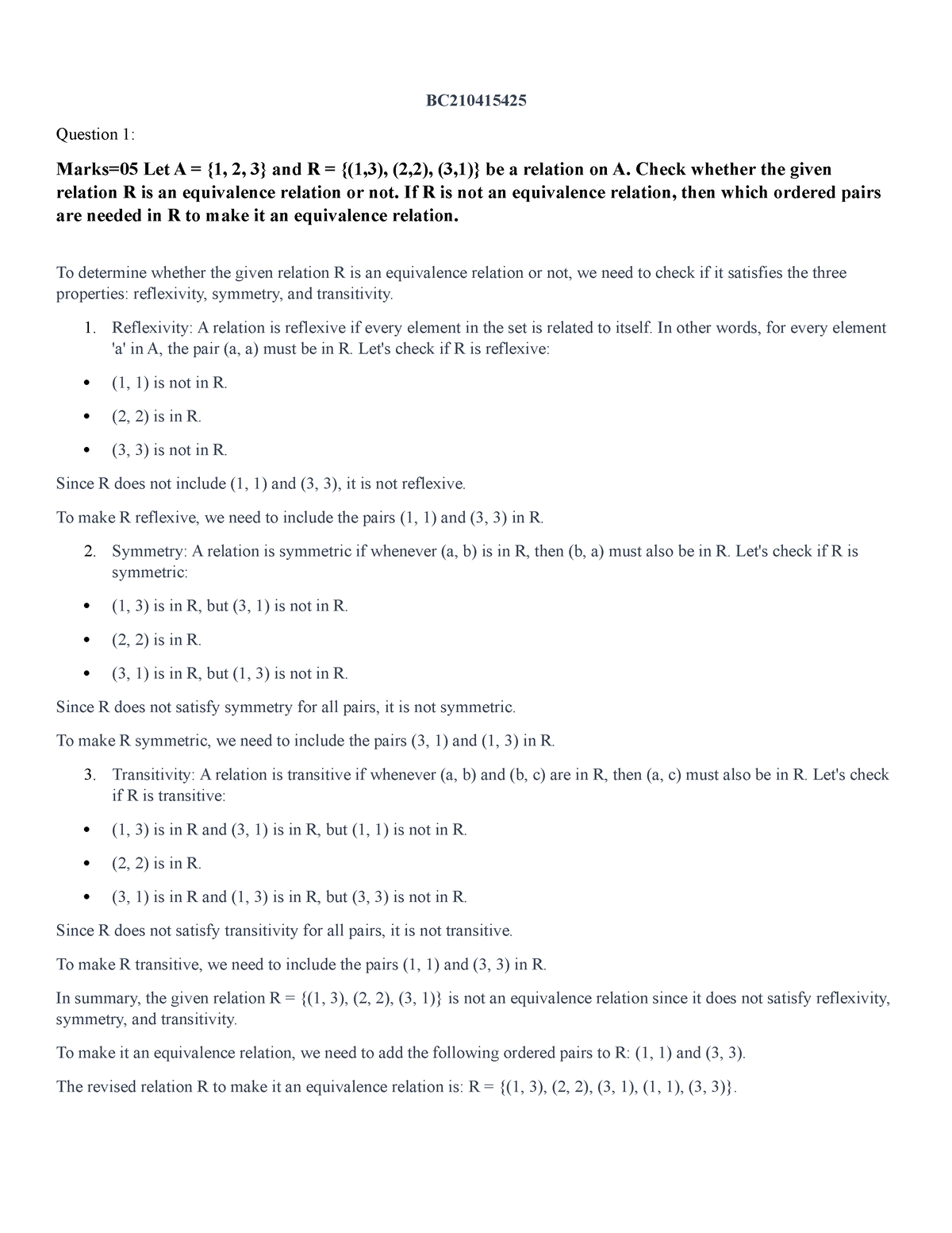 Spring 2023 MTH202 1 BC210415425 - BC Question 1: Marks=05 Let A = {1 ...