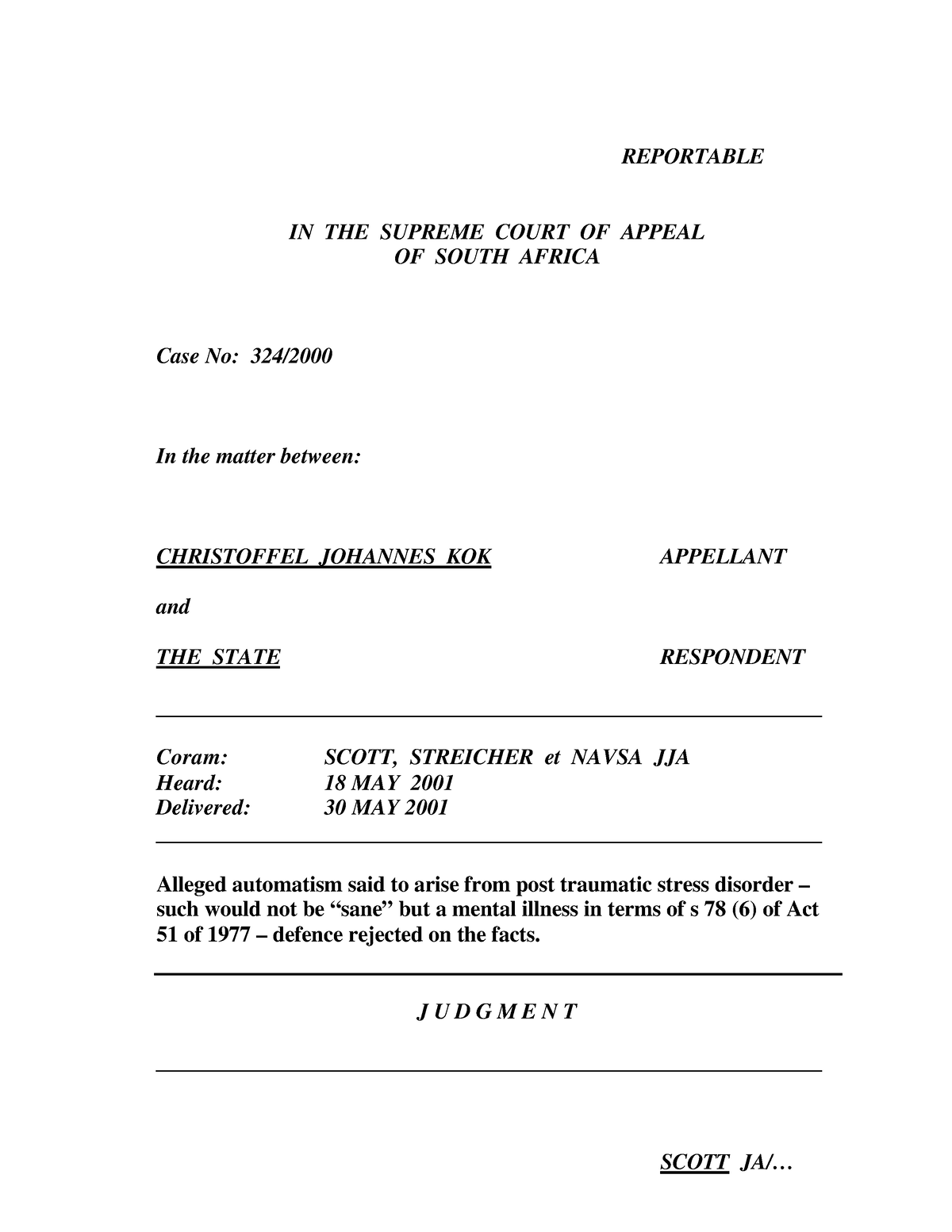 S V Kok - Criminal Law - REPORTABLE IN THE SUPREME COURT OF APPEALOF ...