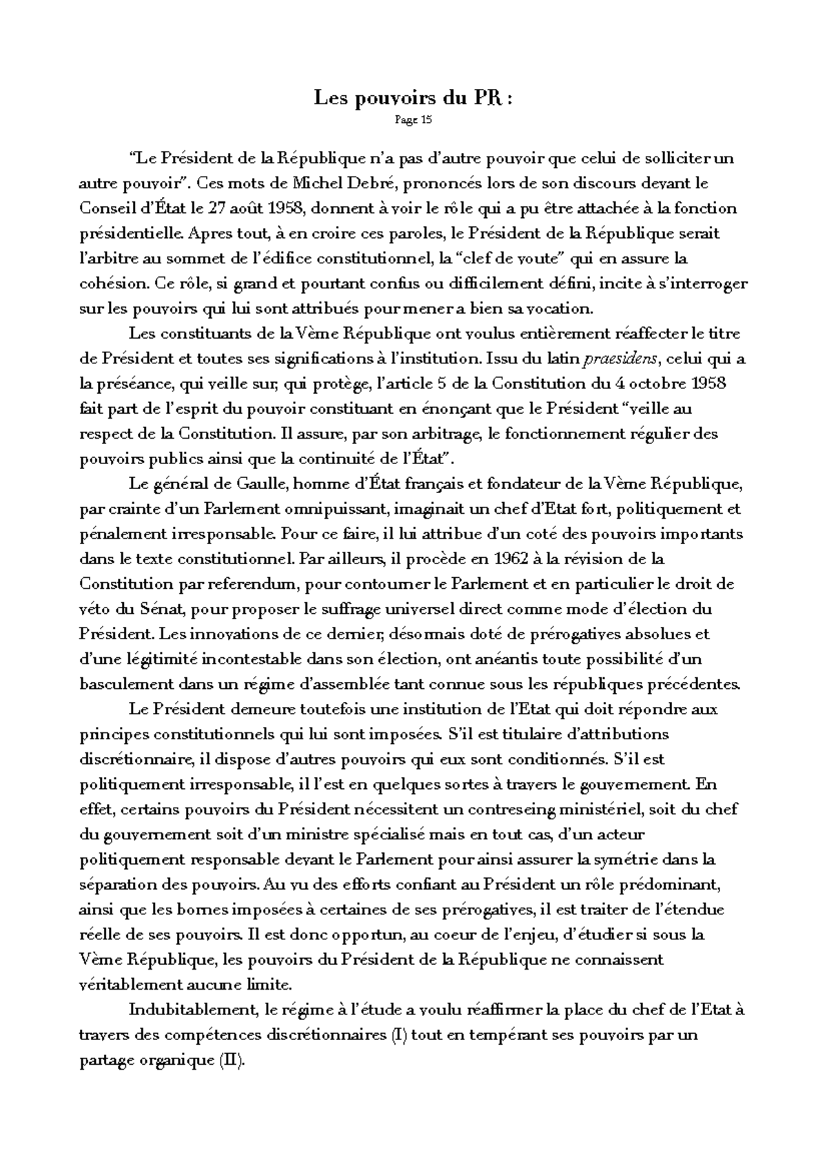 Plans constit S2 - Les pouvoirs du PR : Page 15 “Le Président de la ...