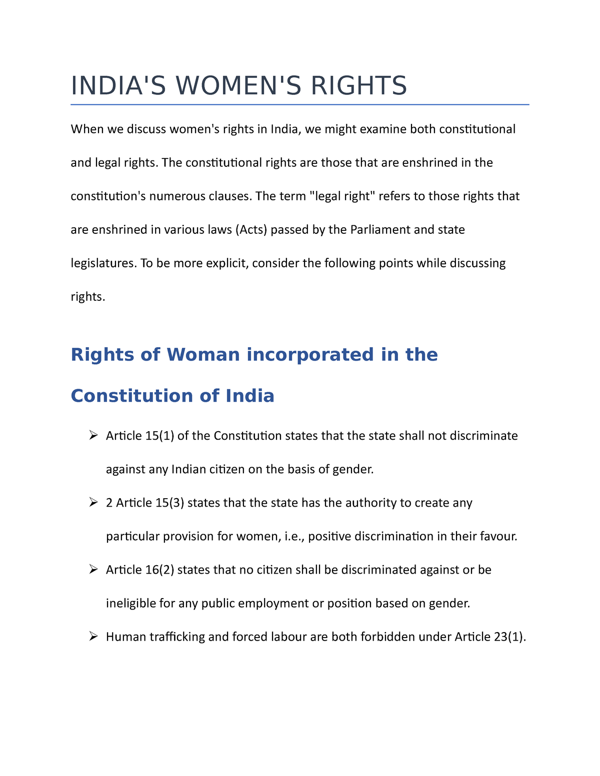 Beife NOTE ON India'S Women'S Rights INDIA'S WOMEN'S RIGHTS When we