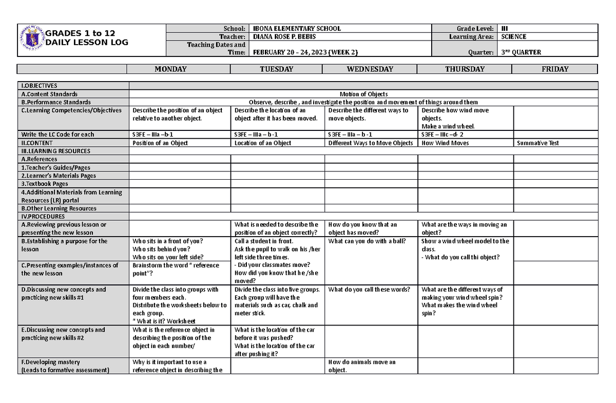 DLL Science 3 Q3 W2 - so interesting - GRADES 1 to 12 DAILY LESSON LOG ...