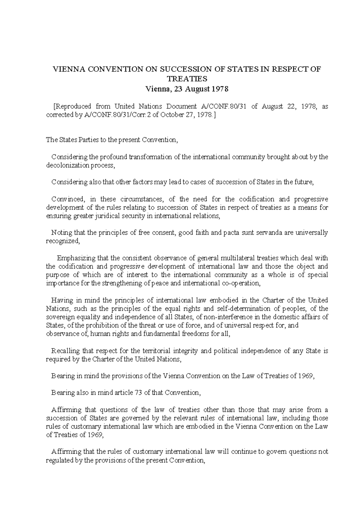 Convenzione di Vienna del 1978 sulla successione degli Stati nei