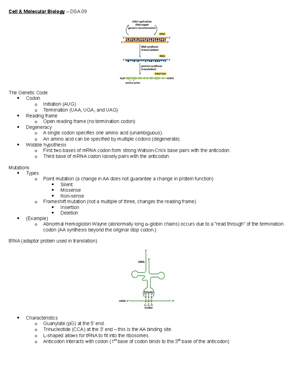 CMB - DSA 09 - Lecture notes 9 - Cell & Molecular Biology – DSA 09 The ...