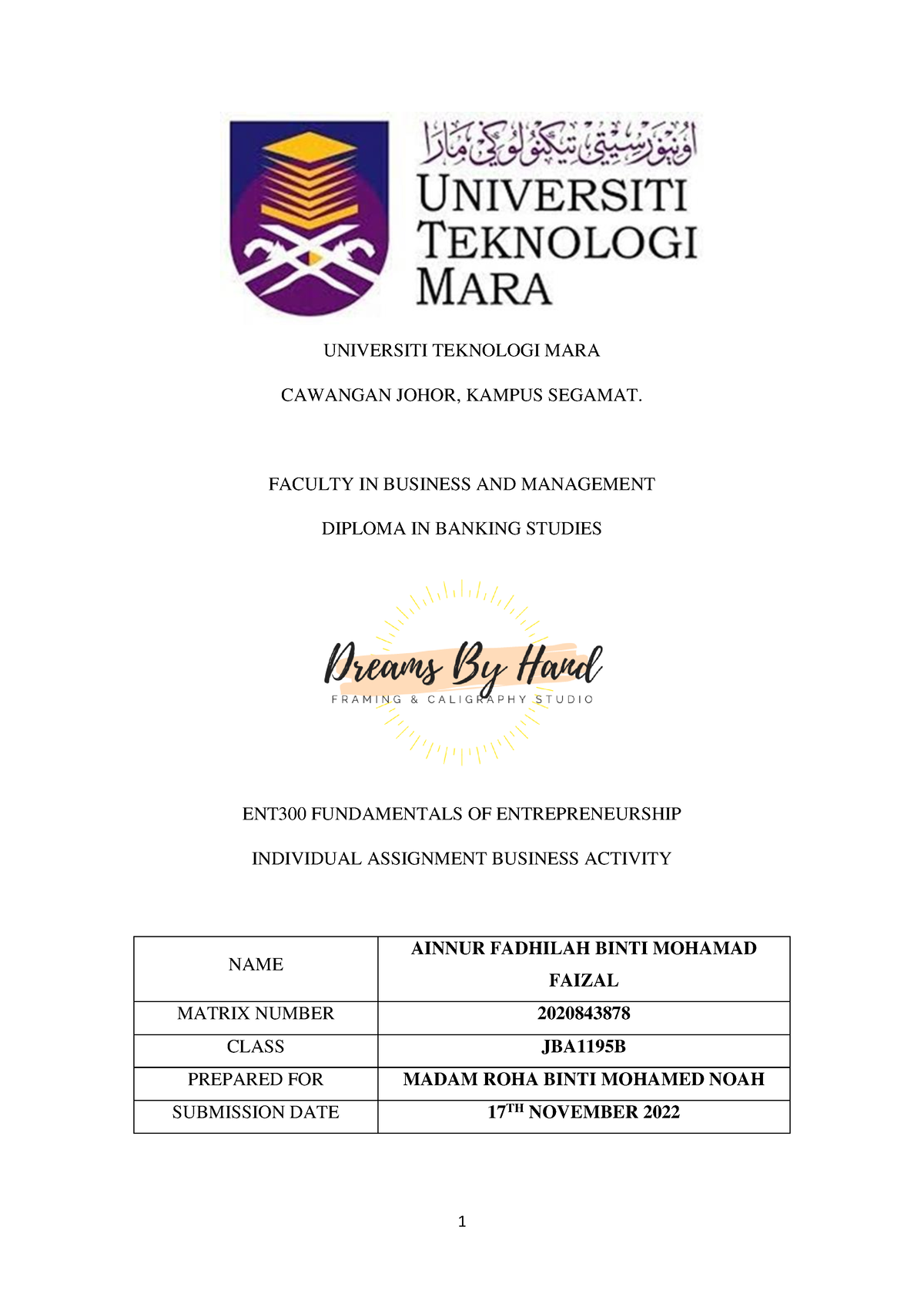 ent300 individual assignment project description