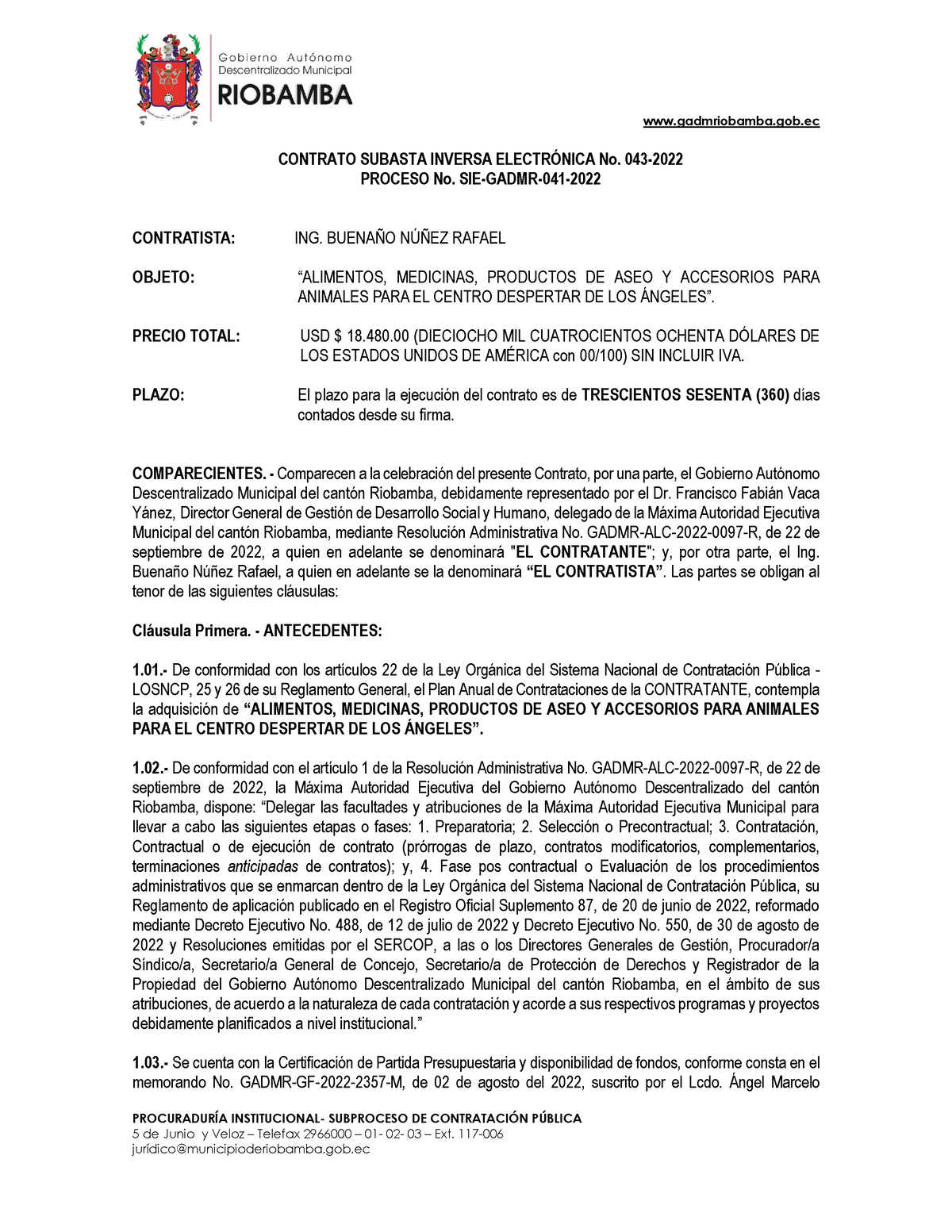 Contrato No 043-2022 Sie - PROCURADURÕA INSTITUCIONAL- SUBPROCESO DE ...