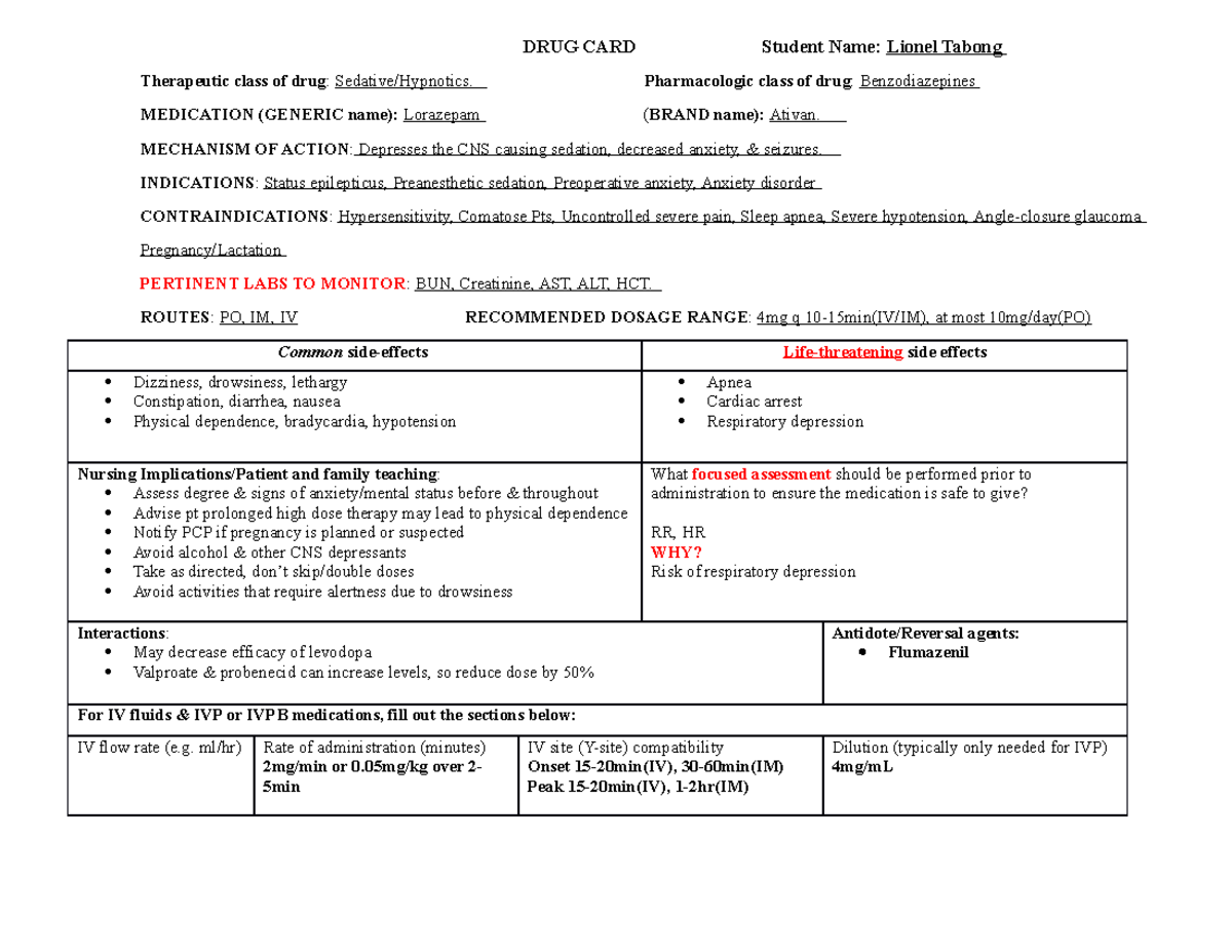 Lorazepam Drug Card DRUG CARD Student Name Lionel Tabong Therapeutic   Thumb 1200 927 