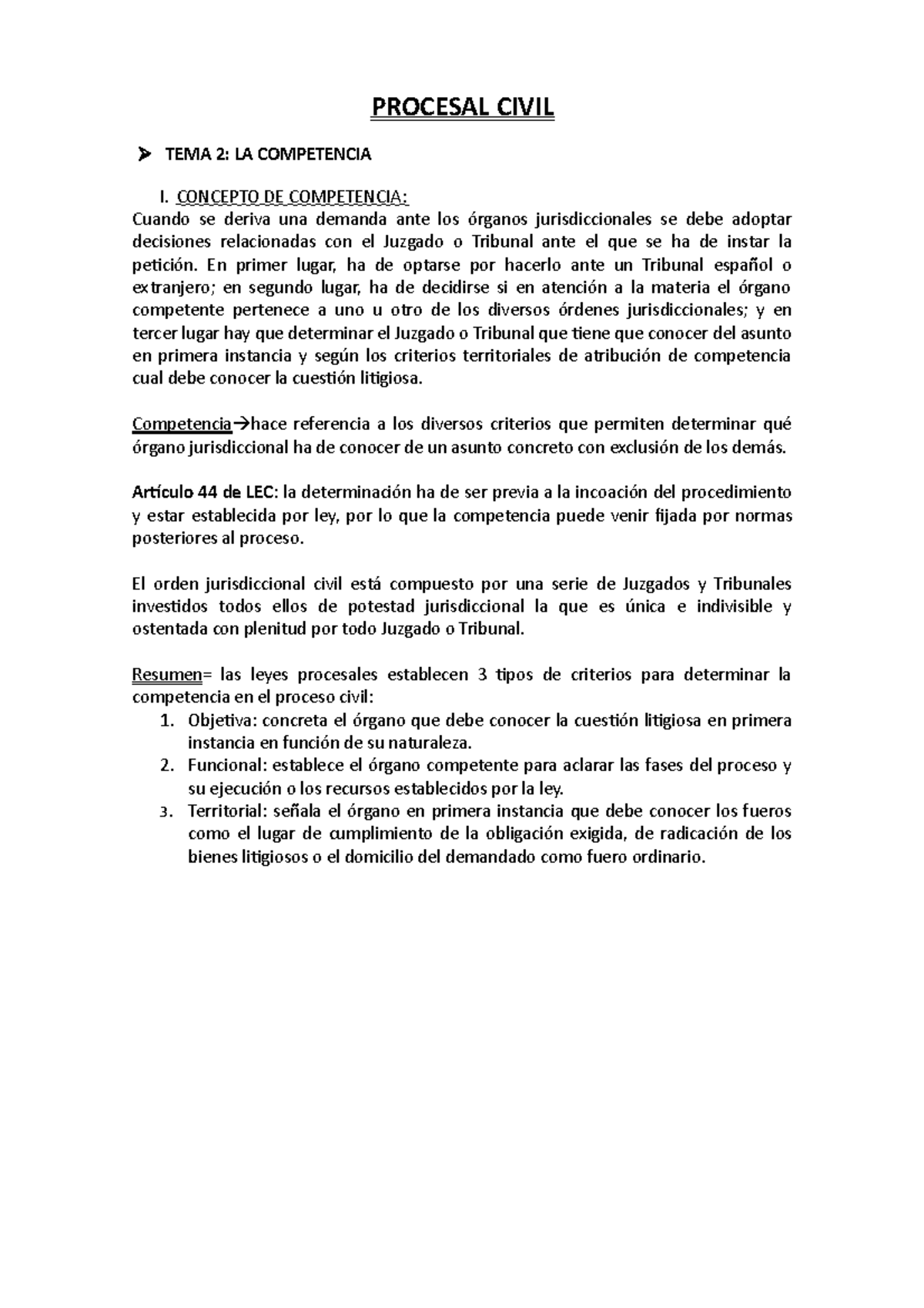 Procesal Civil Resumen - PROCESAL CIVIL TEMA 2: LA COMPETENCIA I ...