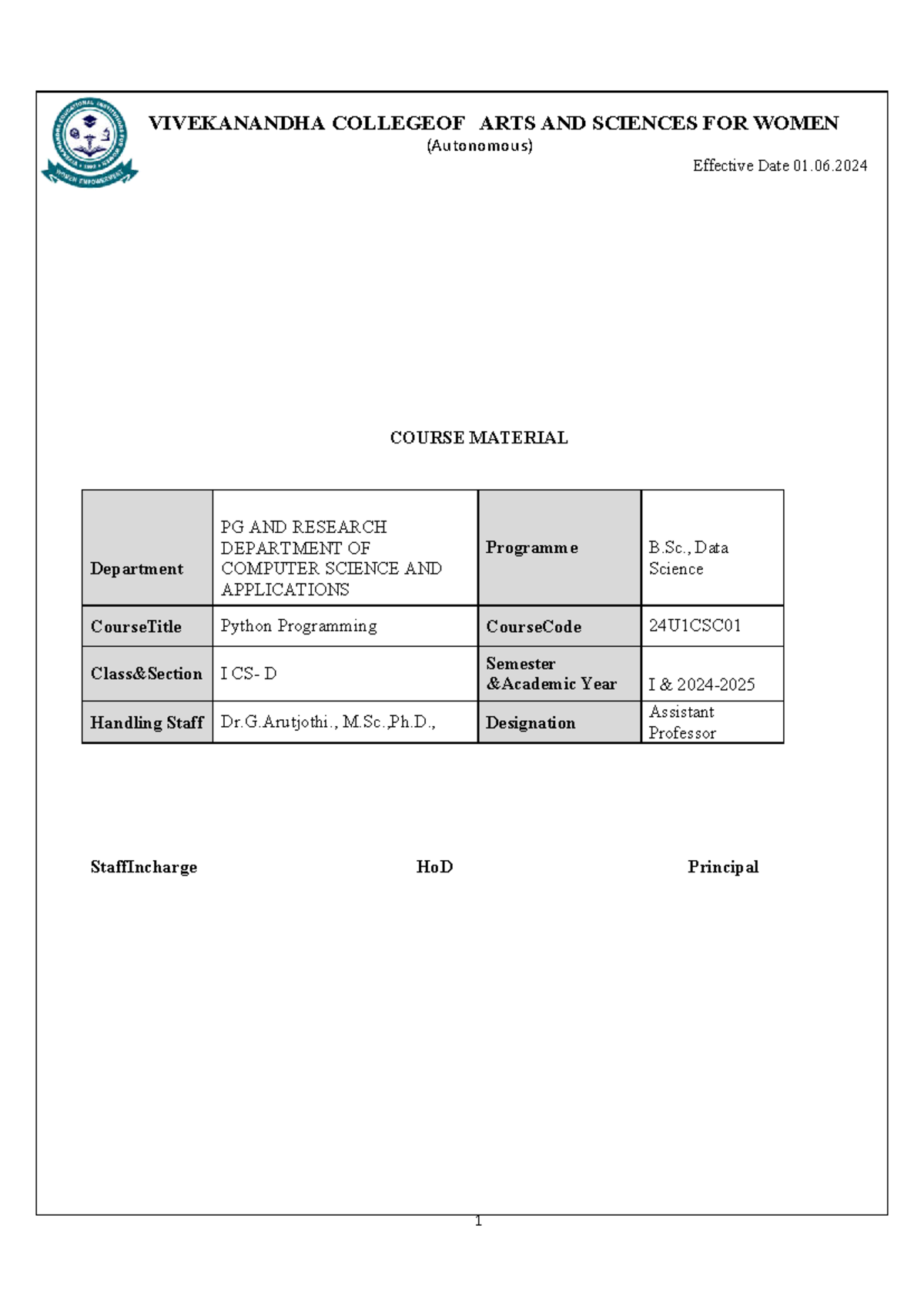 Unit-I - Data science notes - ####### (Autonomous) Effective Date 01 ...