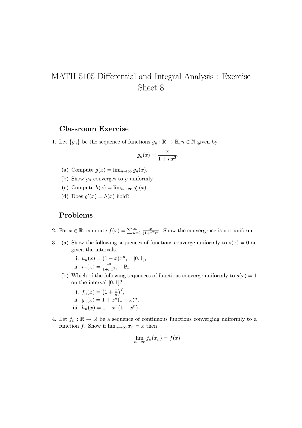 Course Worksheet 8 Differential And Integral Analysis MATH 5105 Differential And Integral