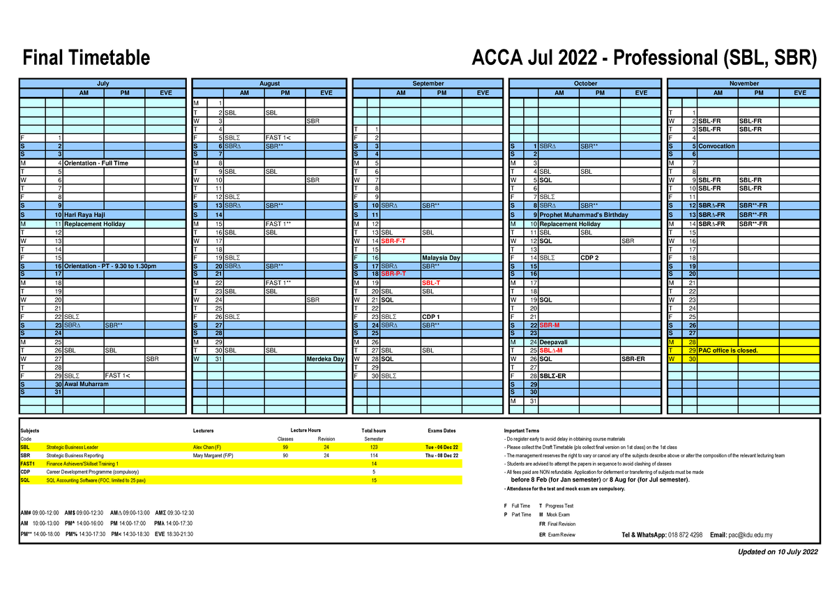 SBR Timetable Final Timetable ACCA Jul 2022 Professional (SBL, SBR