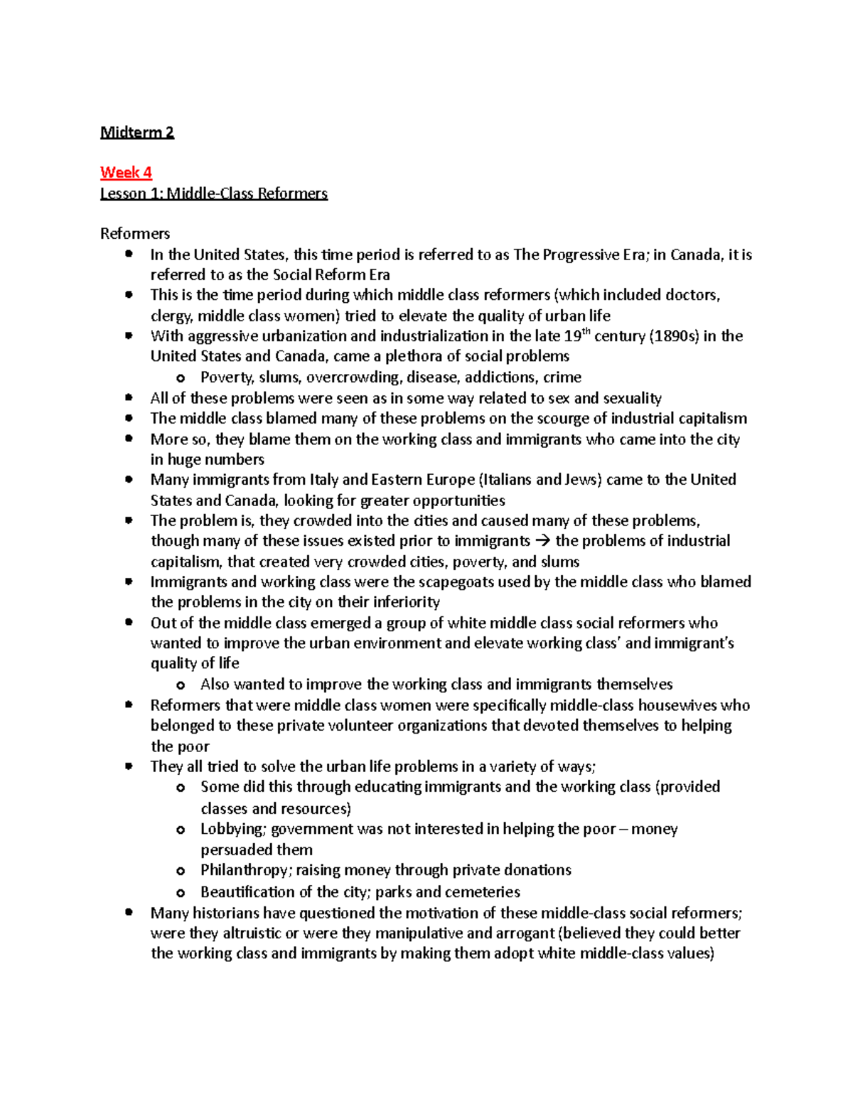Midterm 2 notes - Midterm 2 Week 4 Lesson 1: Middle-Class Reformers ...