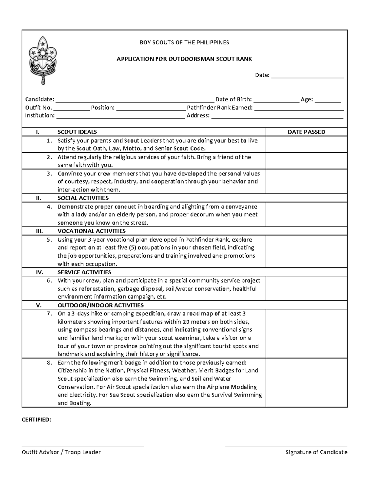 Outdoorsman Application - BOY SCOUTS OF THE PHILIPPINES APPLICATION FOR ...