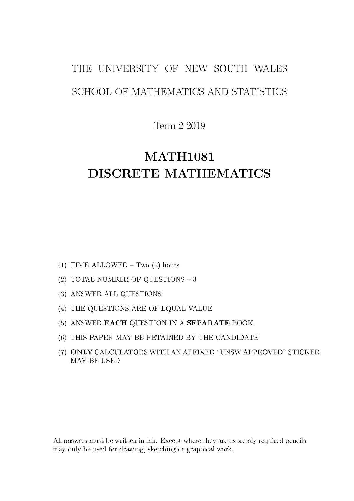 2019 term 2 MATH1081 THE UNIVERSITY OF NEW SOUTH WALES SCHOOL OF