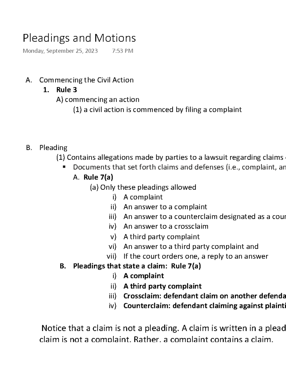 Pleadings And Motions - Commencing The Civil Action 1. Rule 3 A ...