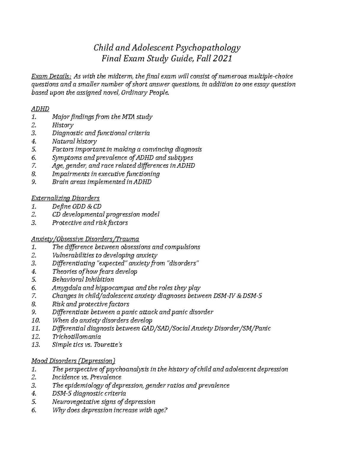 CAP Final Exam Study Guide - Child and Adolescent Psychopathology Final ...