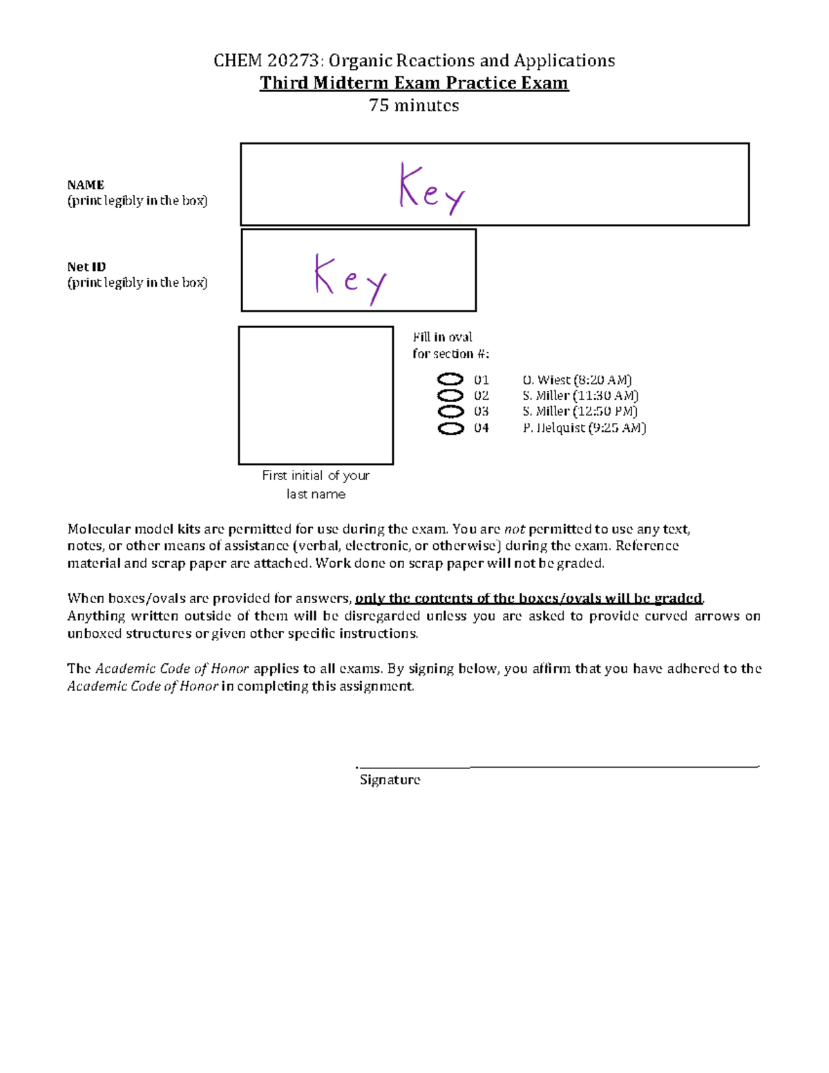 O-chem Ii Exam 3a Key - Chem 20273 : Organic Reactions And Applications 