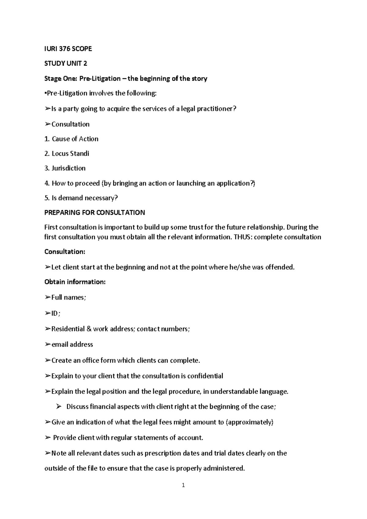 IURI 376 Scope - IURI 376 SCOPE STUDY UNIT 2 Stage One: Pre-Litigation ...
