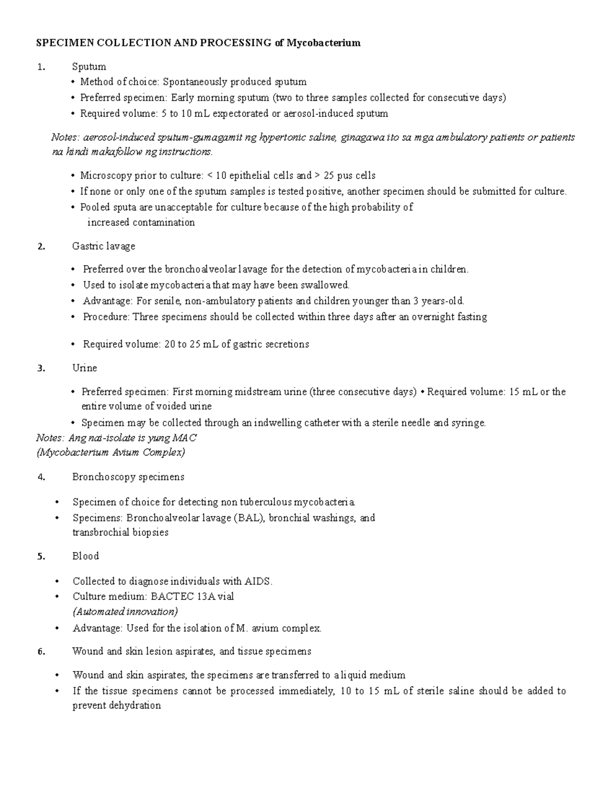 Specimen Collection AND Processing of Mycobacterium - SPECIMEN ...