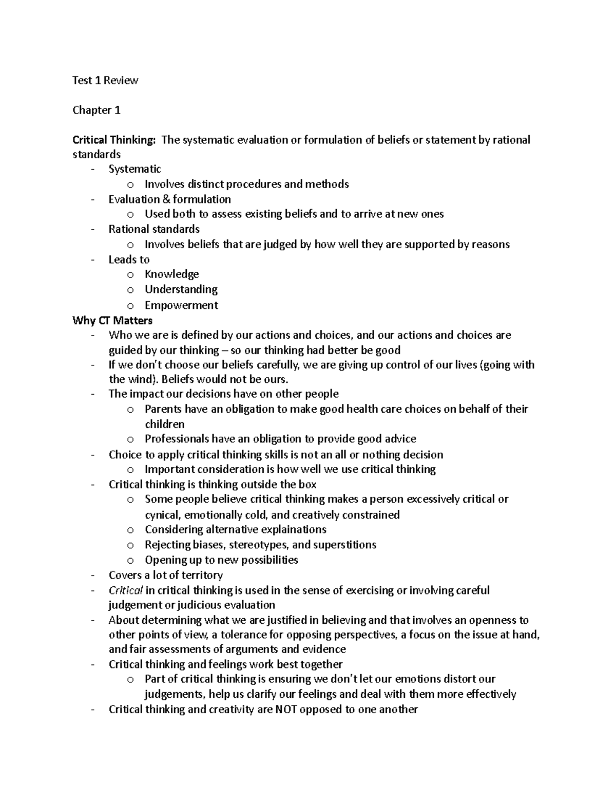Test 1 Review - Test 1 Review Chapter 1 Critical Thinking: The ...