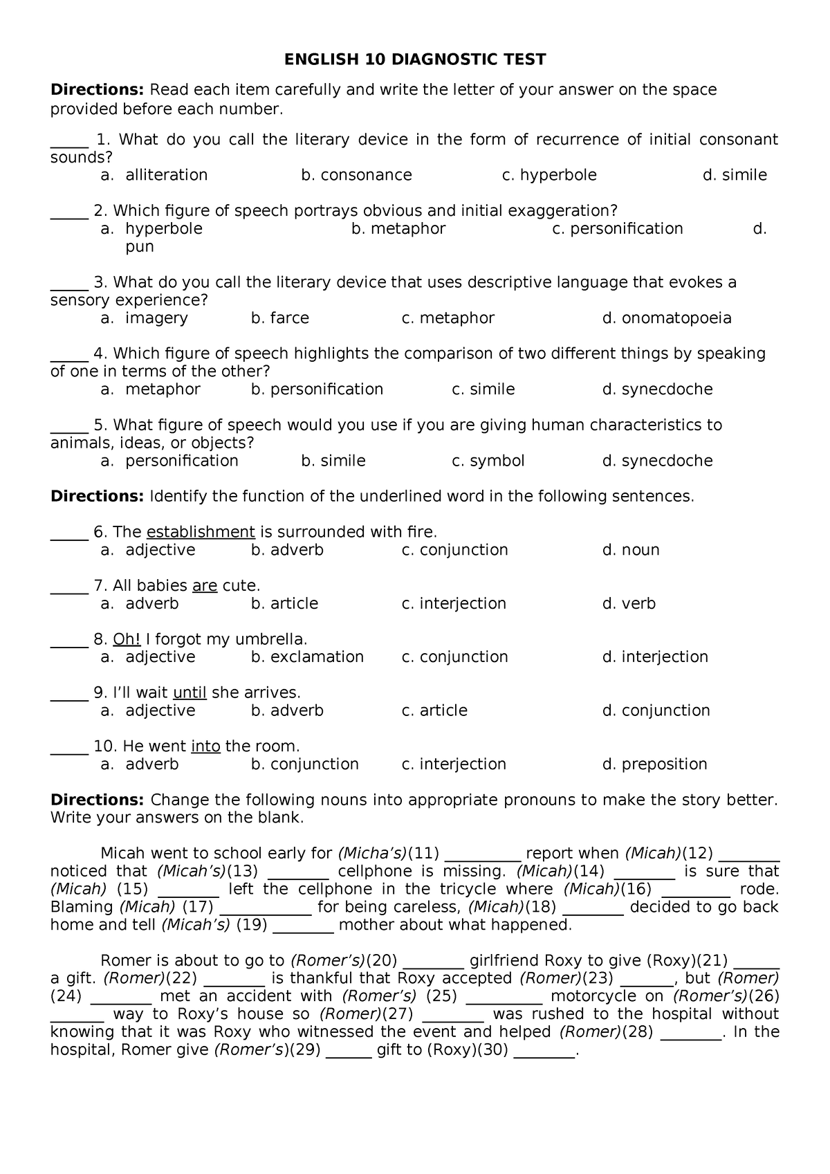 English-10- Diagnostic TEST - ENGLISH 10 DIAGNOSTIC TEST Directions ...