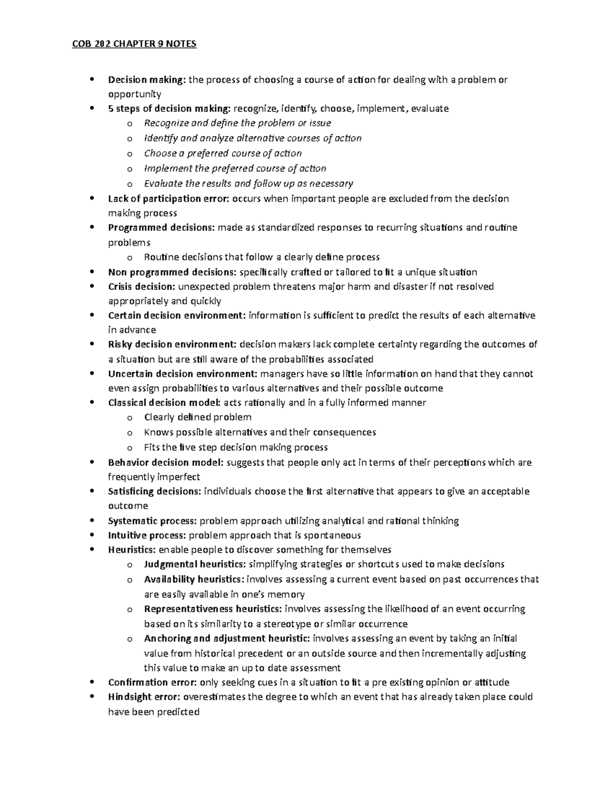 COB 202 Chapter 9 Lecture Notes - COB 202 CHAPTER 9 NOTES Decision ...